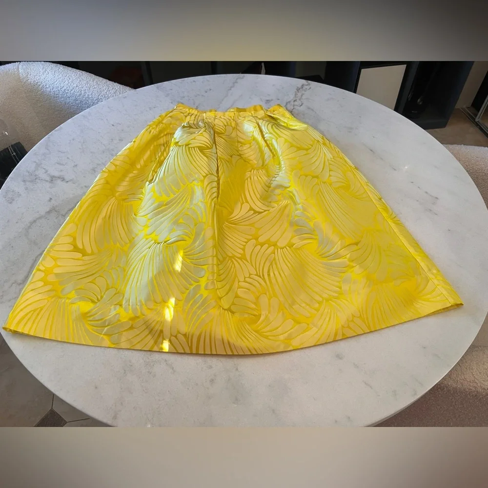 Yellow Floral Jacquard A-Line Midi Skirt